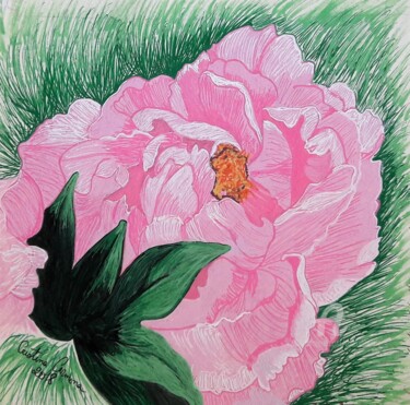 Dessin intitulée "Pivoine rose" par Maman Aigle, Œuvre d'art originale, Marqueur