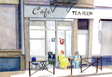 Dessin intitulée "Café rue Gallait" par Mamoste Dîn, Œuvre d'art originale, Crayon
