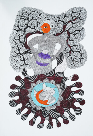 Картина под названием "MOTHER TREE" - Man Singh Durga Bai Vyam,, Подлинное произведение искусства, Акрил