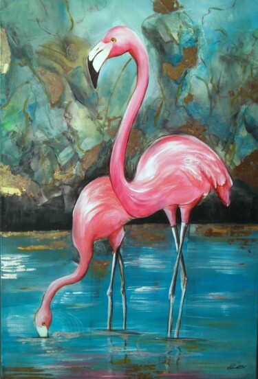 「Flamingos」というタイトルの絵画 Mancoutoによって, オリジナルのアートワーク, アクリル