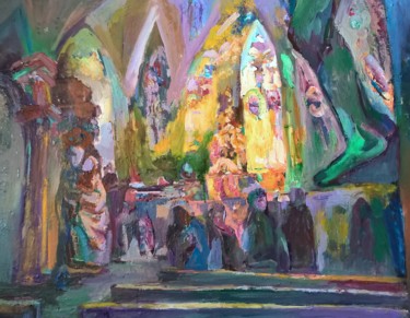 Painting titled "In a Catholic church" by Romantic, Original Artwork, Oil