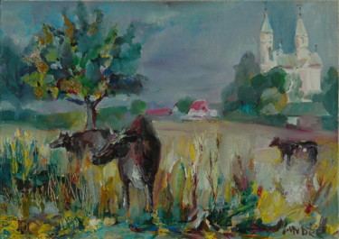 Painting titled "Cows graze" by Romantic, Original Artwork, Oil