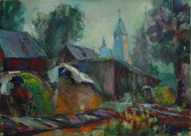 Pittura intitolato "Haystacks. Village…" da Romantic, Opera d'arte originale, Olio