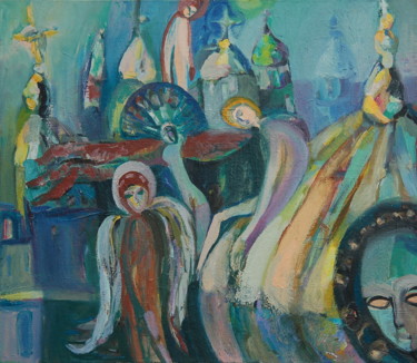Painting titled "Angels on the roof." by Romantic, Original Artwork, Oil