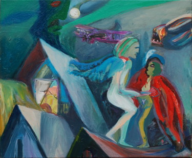 Painting titled "Angels on the roof…" by Romantic, Original Artwork, Oil