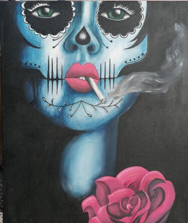 Malerei mit dem Titel "Smoking Skull Woman" von Mandy Jacob, Original-Kunstwerk, Acryl