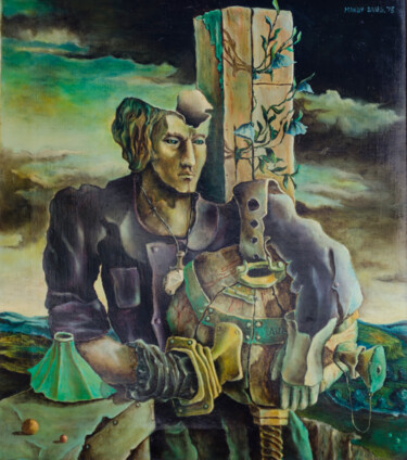 Painting titled "Man with music box" by Mandy Sand, Original Artwork, Oil