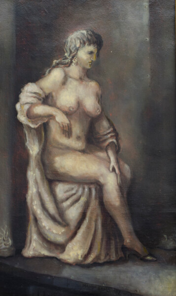 Painting titled "Nude in Workshop" by Mandy Sand, Original Artwork, Oil