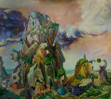Painting titled "Fantasy Tower" by Mandy Sand, Original Artwork, Oil