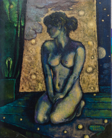 Painting titled "Nude on Golden Back…" by Mandy Sand, Original Artwork, Oil