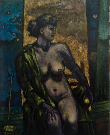 Картина под названием "Nude with Green Dre…" - Mandy Sand, Подлинное произведение искусства, Масло