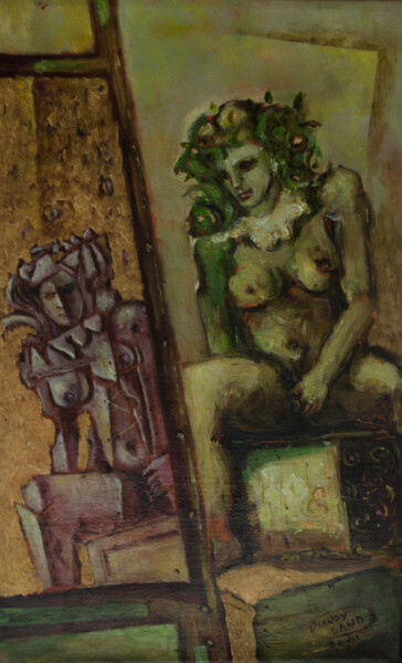 Painting titled "Nude sitting in gre…" by Mandy Sand, Original Artwork, Oil
