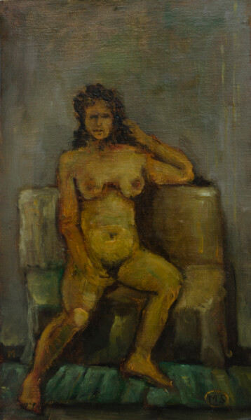 Painting titled "Nude sitting on a c…" by Mandy Sand, Original Artwork, Oil