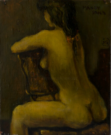 Painting titled "Nude sitting with h…" by Mandy Sand, Original Artwork, Oil