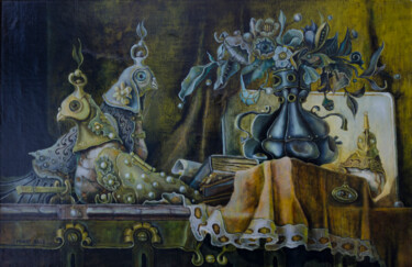 Painting titled "Still Life with Bir…" by Mandy Sand, Original Artwork, Oil