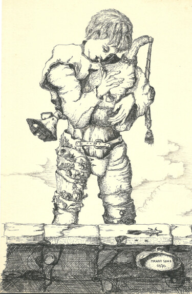 Zeichnungen mit dem Titel "Bagpipe player-1" von Mandy Sand, Original-Kunstwerk, Bleistift