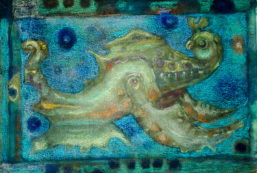 Malerei mit dem Titel "Bird on blue backgr…" von Mandy Sand, Original-Kunstwerk, Pastell