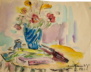 Painting titled "Vase with flowers" by Mandy Sand, Original Artwork, Watercolor