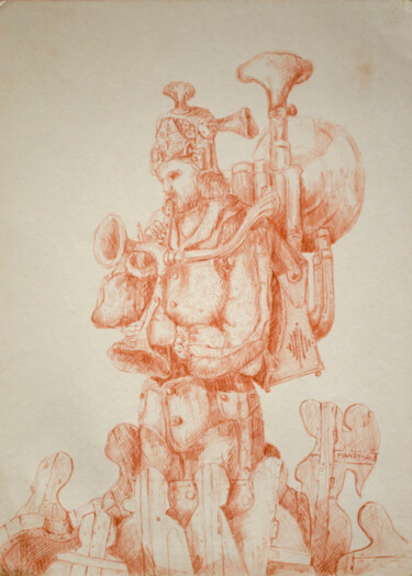 Drawing titled "Brass Player-1" by Mandy Sand, Original Artwork, Conté