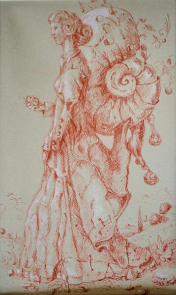 Dessin intitulée "A woman with a shel…" par Mandy Sand, Œuvre d'art originale, Conté