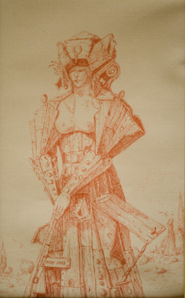 Zeichnungen mit dem Titel "Wooden Woman" von Mandy Sand, Original-Kunstwerk, Conté-Buntstifte