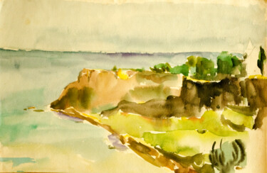 Malerei mit dem Titel "Seascape Rocks" von Mandy Sand, Original-Kunstwerk, Aquarell