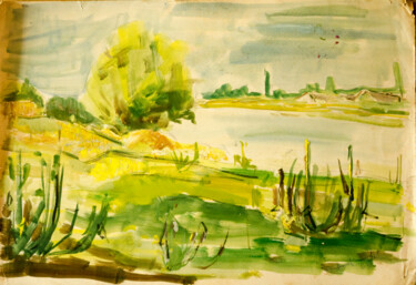 Painting titled "Garden and lake view" by Mandy Sand, Original Artwork, Watercolor