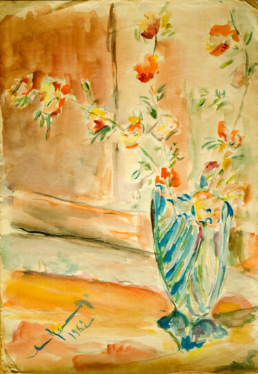 Schilderij getiteld "Blue Flower Vase" door Mandy Sand, Origineel Kunstwerk, Aquarel