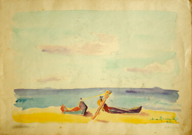 Painting titled "On the beach" by Mandy Sand, Original Artwork, Watercolor