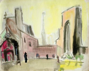 Painting titled "Street with a churc…" by Mandy Sand, Original Artwork, Watercolor