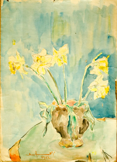 Painting titled "Vase with narcissi" by Mandy Sand, Original Artwork, Watercolor