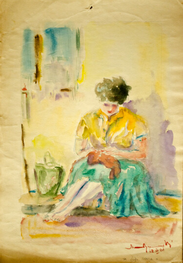 Painting titled "Zizi sews" by Mandy Sand, Original Artwork, Watercolor