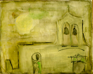 Schilderij getiteld "Green Church" door Mandy Sand, Origineel Kunstwerk, Aquarel