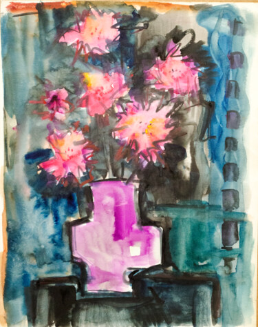 Painting titled "Vase with pink flow…" by Mandy Sand, Original Artwork, Watercolor