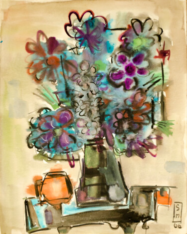 Pittura intitolato "Vase with purple fl…" da Mandy Sand, Opera d'arte originale, Acquarello