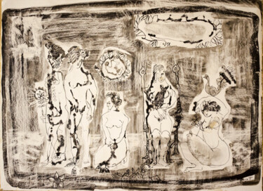 Disegno intitolato "Nudes in a brothel" da Mandy Sand, Opera d'arte originale, Inchiostro