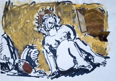 Painting titled "Nude sitting on a g…" by Mandy Sand, Original Artwork, Watercolor
