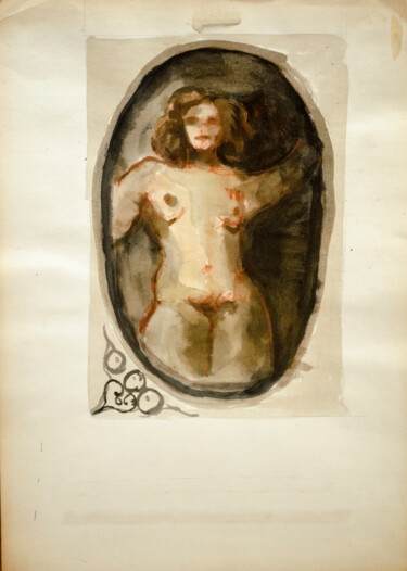 Painting titled "Nude standing - Oval" by Mandy Sand, Original Artwork, Watercolor