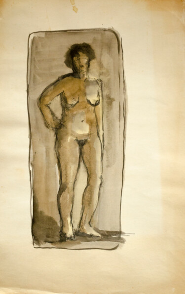 Painting titled "Standing Nude _A" by Mandy Sand, Original Artwork, Watercolor