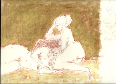 Drawing titled "Two nudes on golden…" by Mandy Sand, Original Artwork, Conté