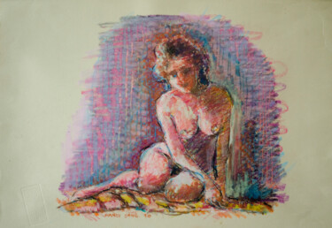 Drawing titled "Nude sitting and le…" by Mandy Sand, Original Artwork, Ink