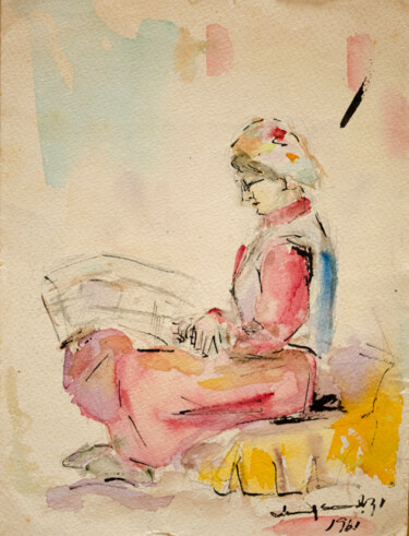 Painting titled "Woman reads" by Mandy Sand, Original Artwork, Watercolor