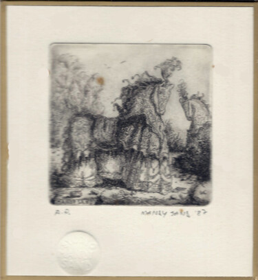 Prenten & gravures getiteld "Two horses" door Mandy Sand, Origineel Kunstwerk, Gravure