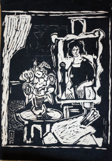 Printmaking titled "Sitting Woman with…" by Mandy Sand, Original Artwork, Xylography