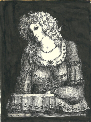 Disegno intitolato "Woman with Flower H…" da Mandy Sand, Opera d'arte originale, Inchiostro