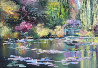 Painting titled "Monet pond" by Mariya Bogdanova, Original Artwork, Oil Mounted on Cardboard