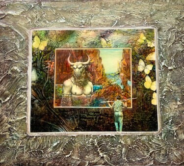 Painting titled "Mino Taurus am Tama…" by Manfred Beck-Arnstein, Original Artwork, Pencil Mounted on Wood Panel