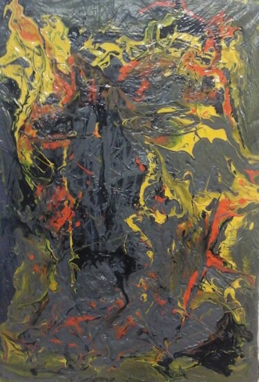 Painting titled "inferno" by Mangani', Original Artwork, Enamel Mounted on Wood Panel