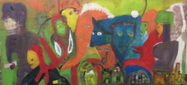 Painting titled "La Festa del Campo…" by Mangani', Original Artwork, Enamel Mounted on Wood Panel