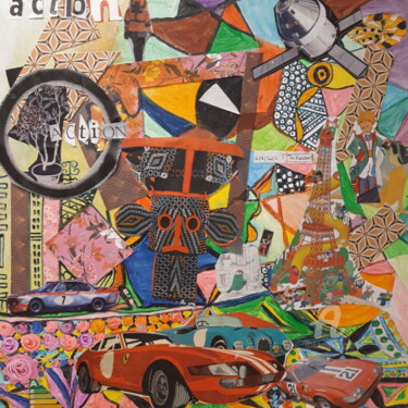 Collages titled "ACTION!" by Mango Park, Original Artwork, Acrylic Mounted on Wood Stretcher frame